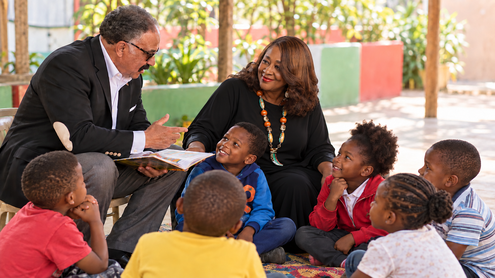 Bishop Guthrie and Lady Marsha reading with children