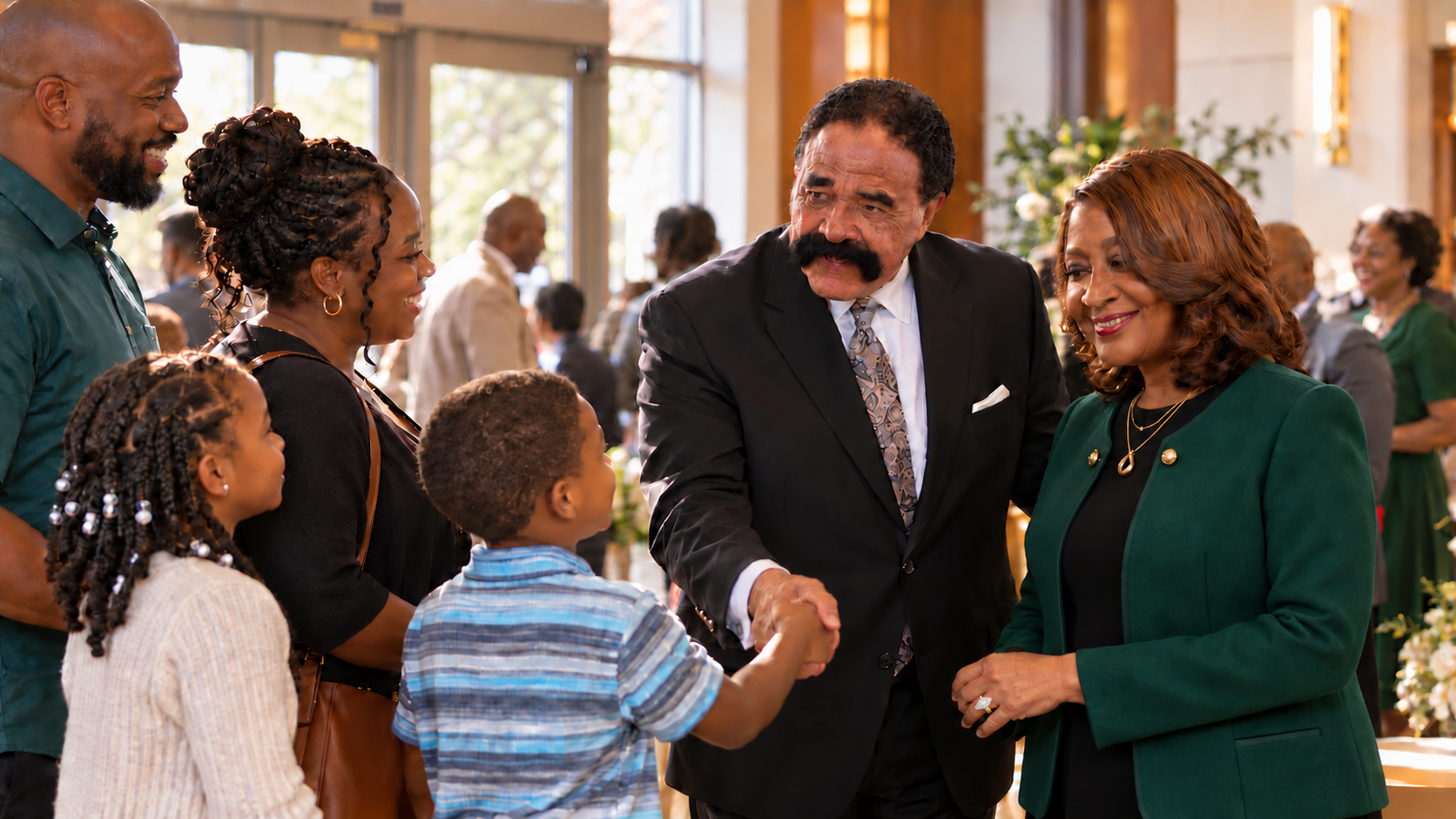 Bishop Guthrie and Lady Marsha greeting a family after service
