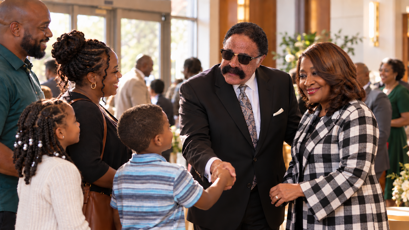 Bishop Guthrie and Lady Marsha greeting a family after service