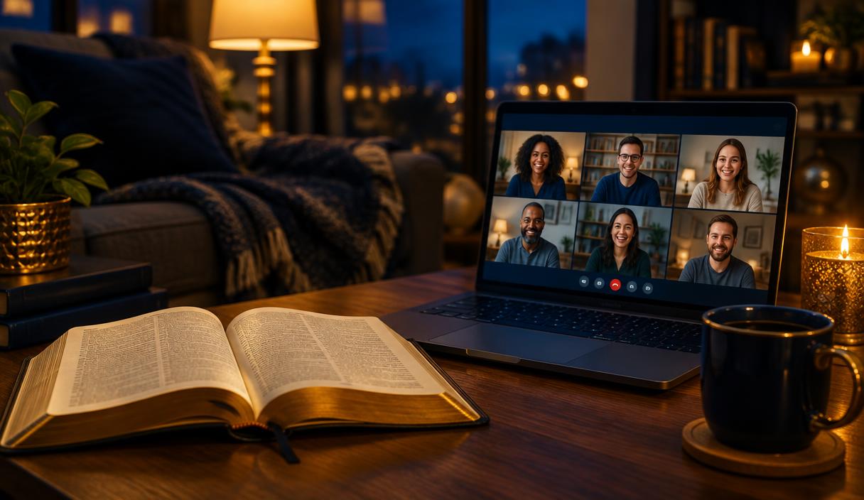 Person studying the Bible with an online class