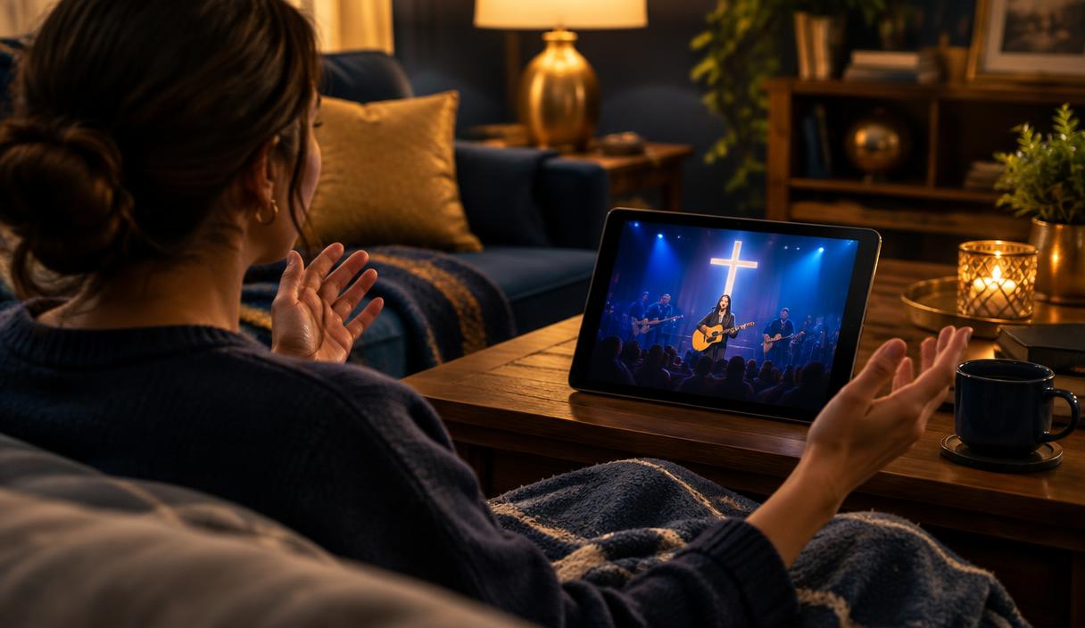 Livestream of a worship service on a screen