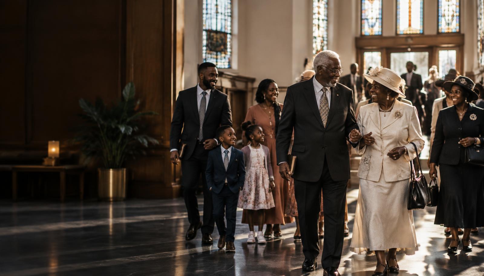 A multigenerational church family walking together