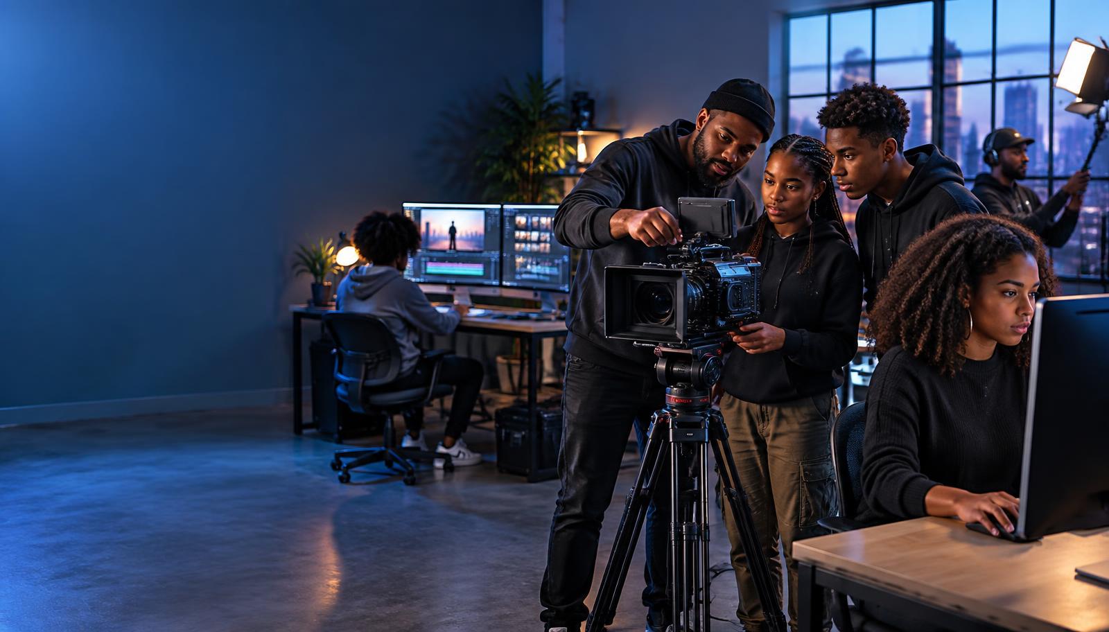 Young adults learning professional media production